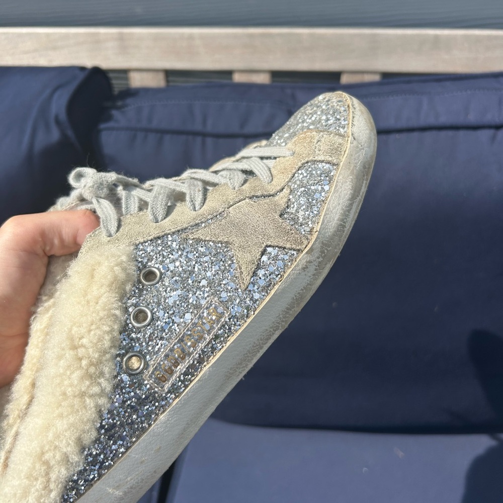 Golden Goose Superstar Sabot Glitter Shearling Slides size 8